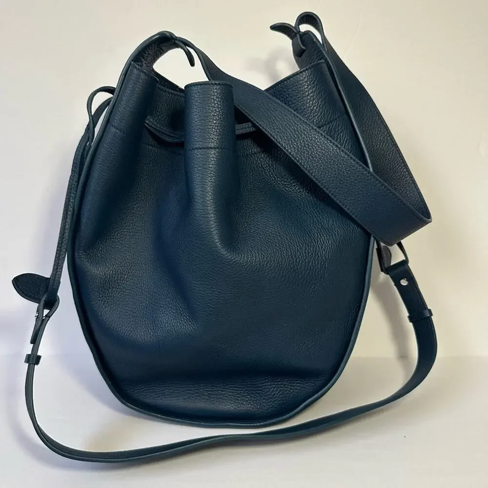 The Row XL Drawstring Hobo Shoulder Bag Marine Blue Pebbled Leather Bucket Bag